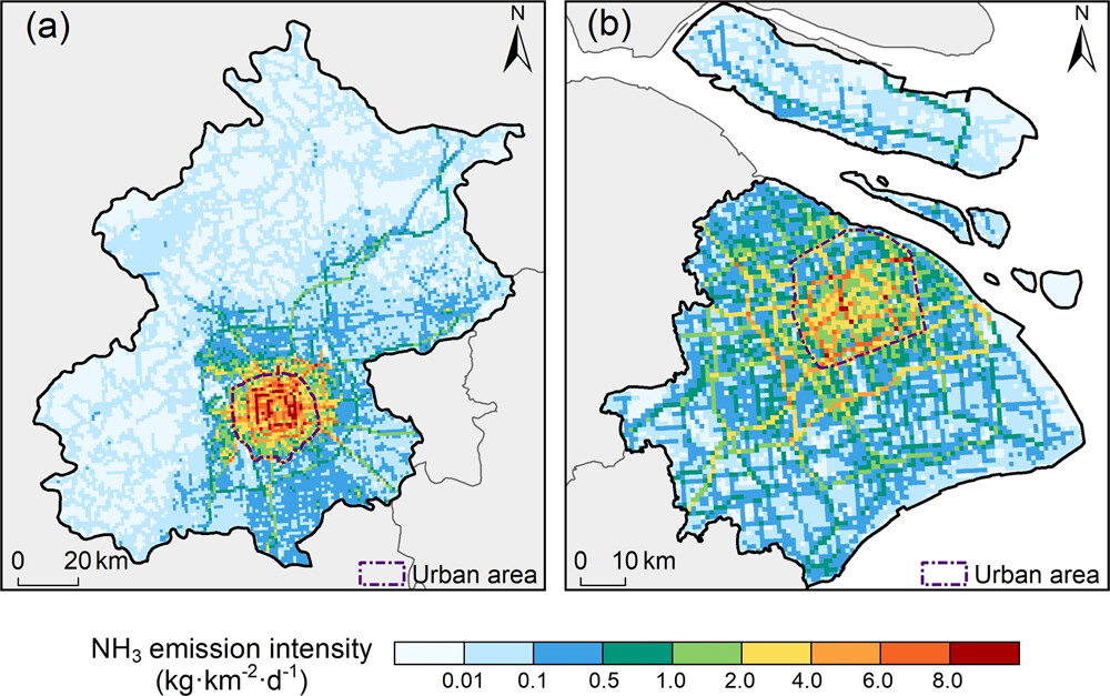 20230223-环境我司张少君团队揭示中国特大城市机动车氨排放对PM2.5污染的显著贡献-王韵杰-图2 北京和上海机动车NH3排放强度空间分布特征.jpeg